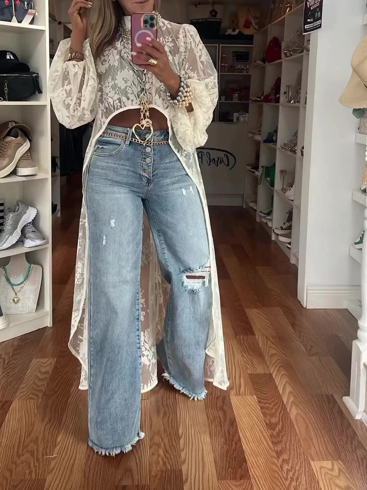 Blusa Casual Encaje Cuello Redondo Asimétrica