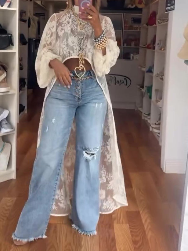 Blusa Casual Encaje Cuello Redondo Asimétrica