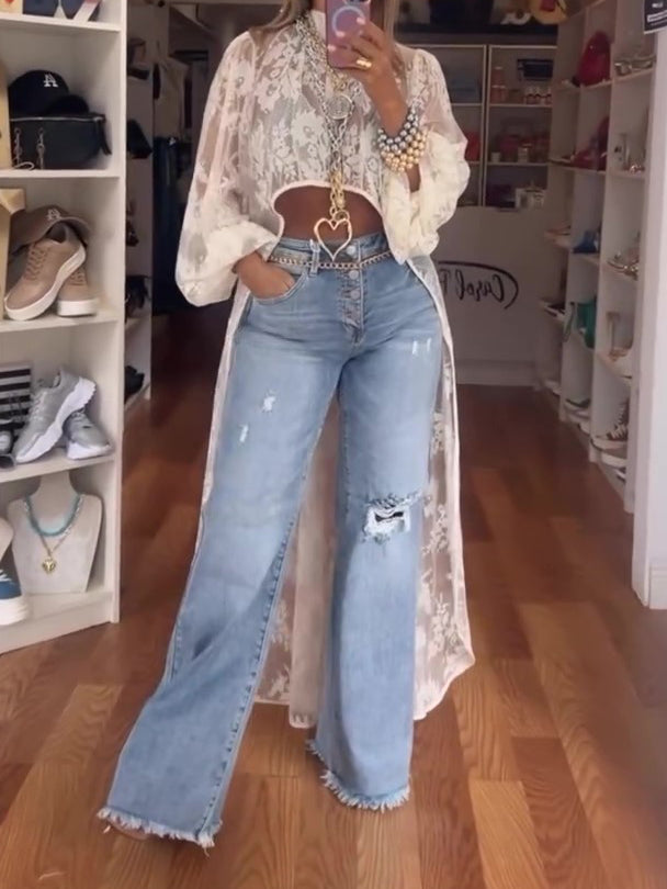 Blusa Casual Encaje Cuello Redondo Asimétrica