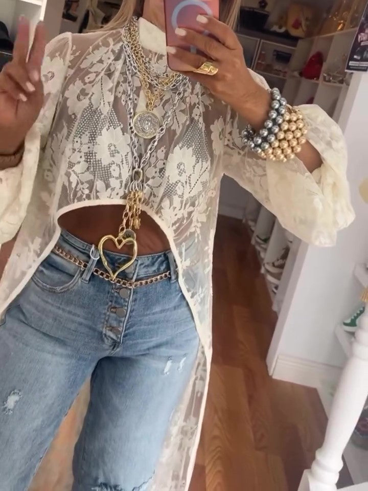 Blusa Casual Encaje Cuello Redondo Asimétrica