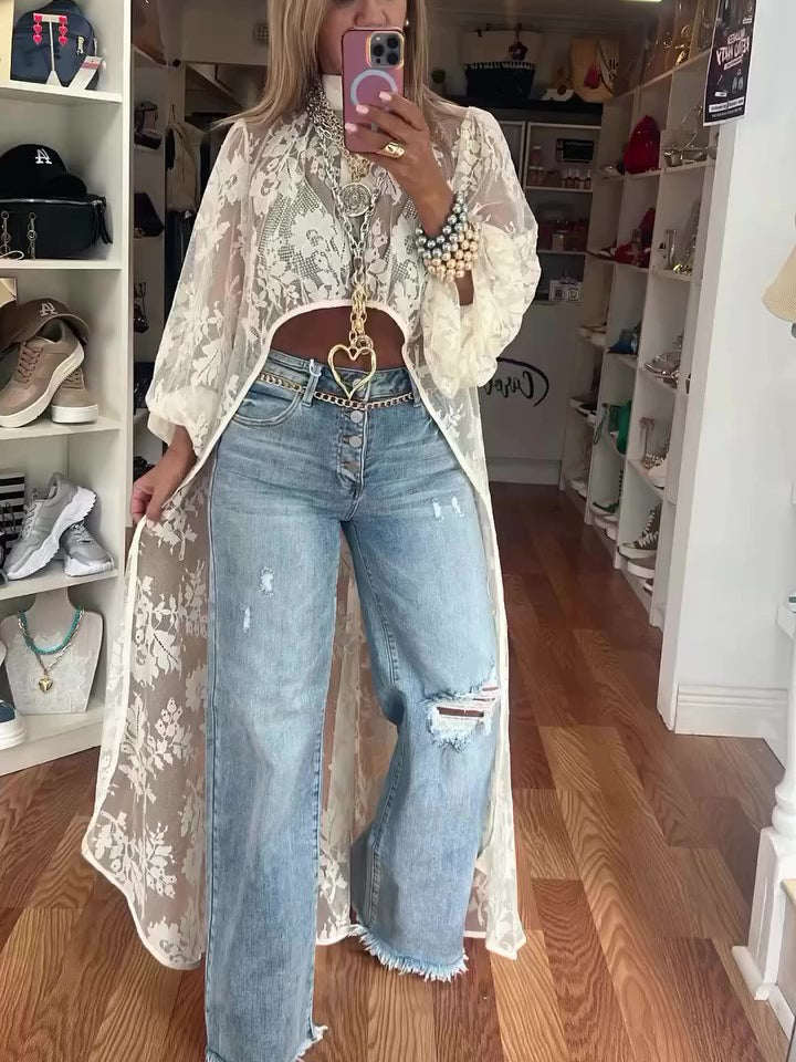 Blusa Casual Encaje Cuello Redondo Asimétrica